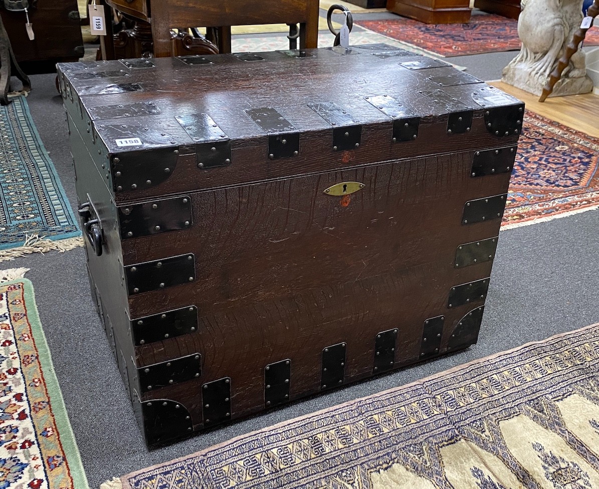 A Victorian iron bound oak silver chest, width 71cm, depth 48cm, height 55cm